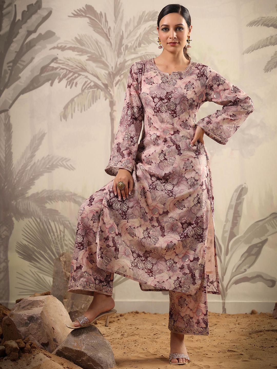 scakhi floral printed thread work pure cotton pakistani kurta with palazzos