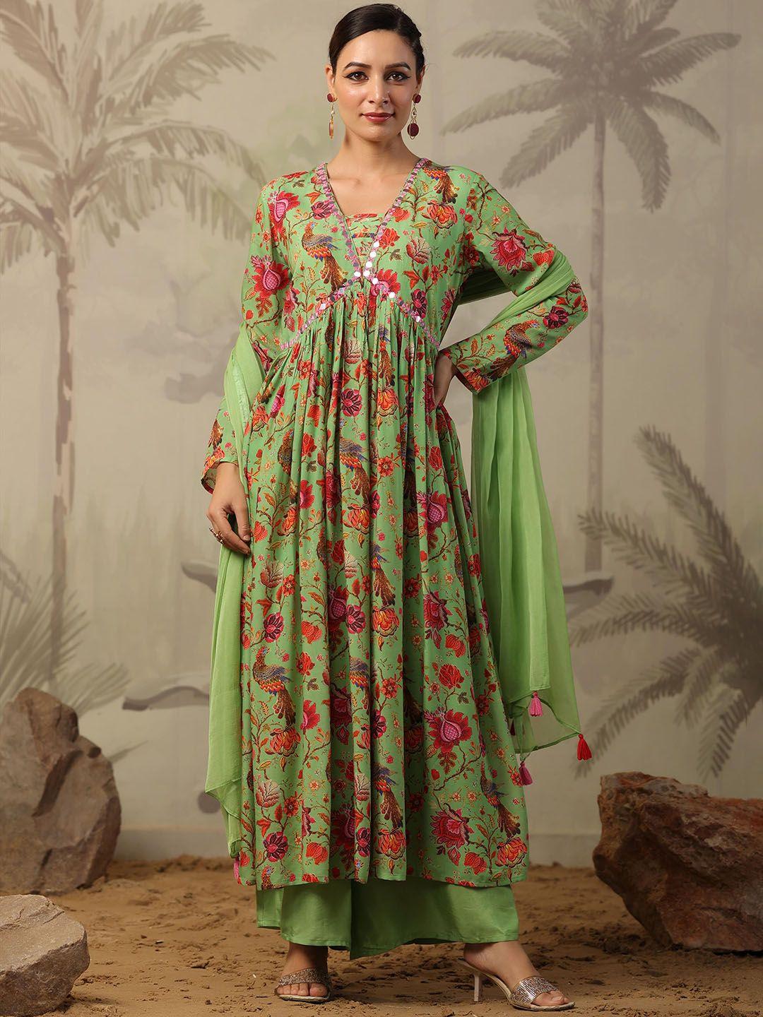 scakhi floral printed v-neck mirror work kurta with trousers & dupatta