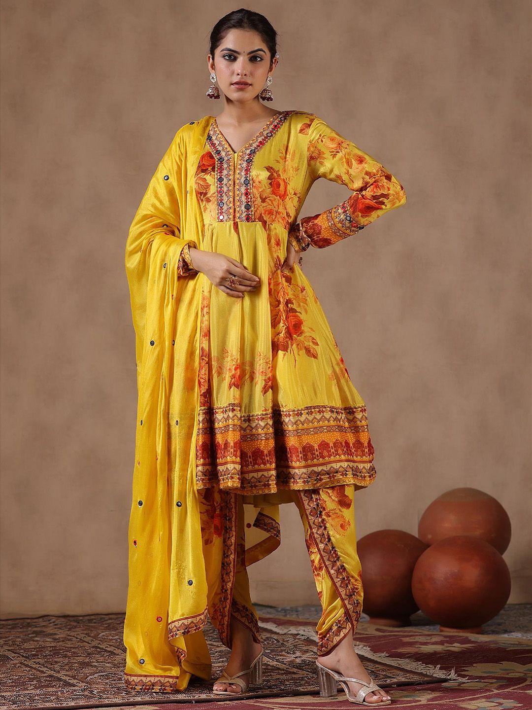 scakhi floral printed v-neck mirror work silk crepe kurta with dhoti pants & dupatta