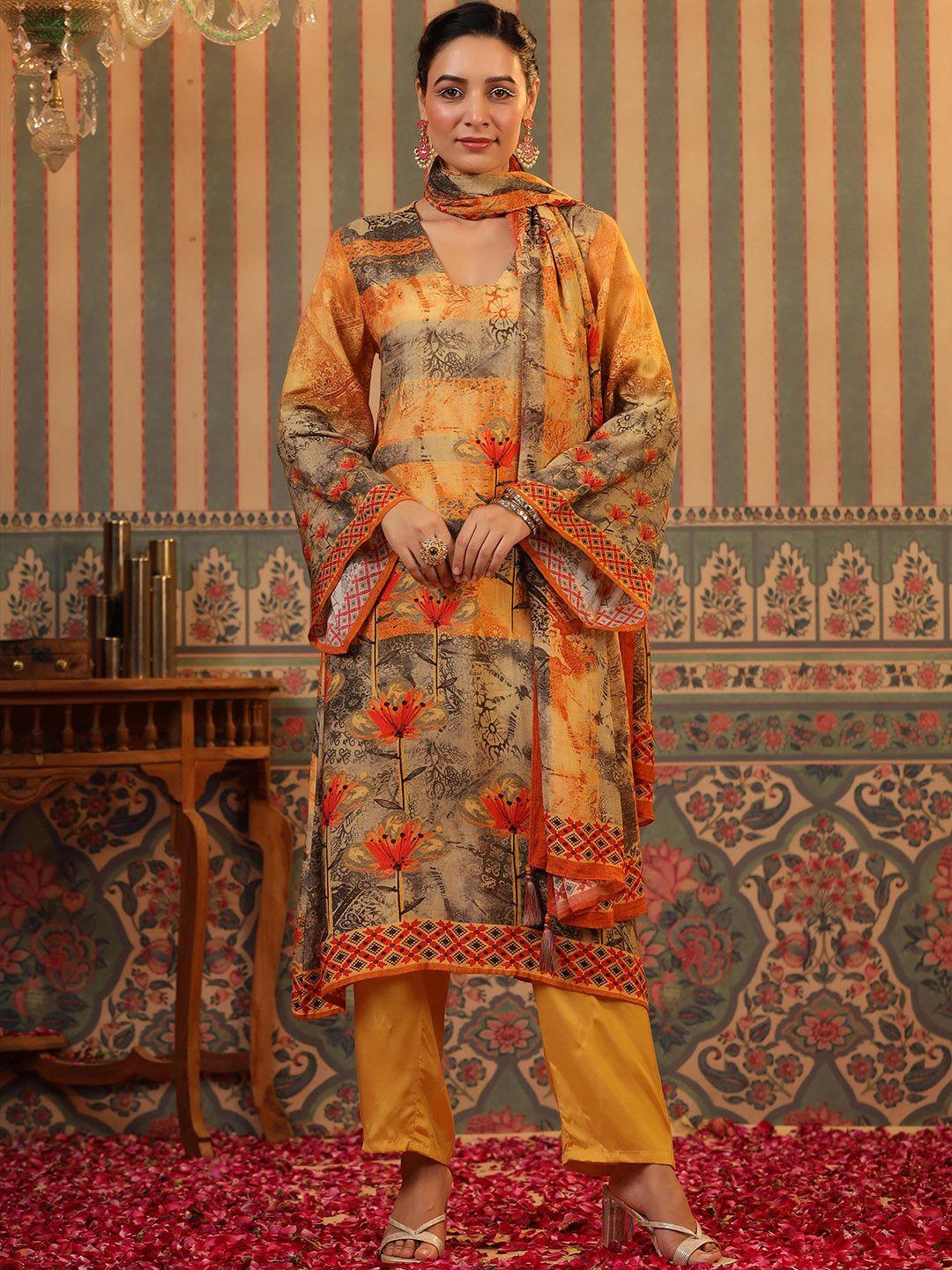 scakhi floral printed v-neck pakistani kurta with trousers & dupatta