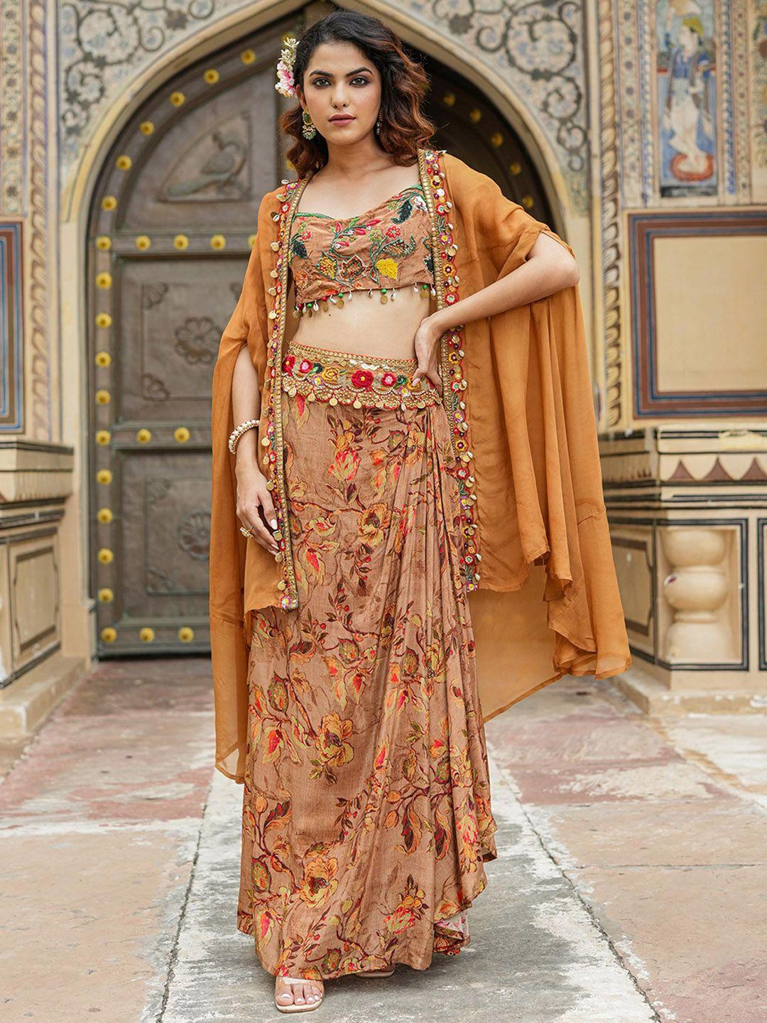 scakhi floral sequinned embroidered crop top & skirt with cape pure silk ethnic co-ords