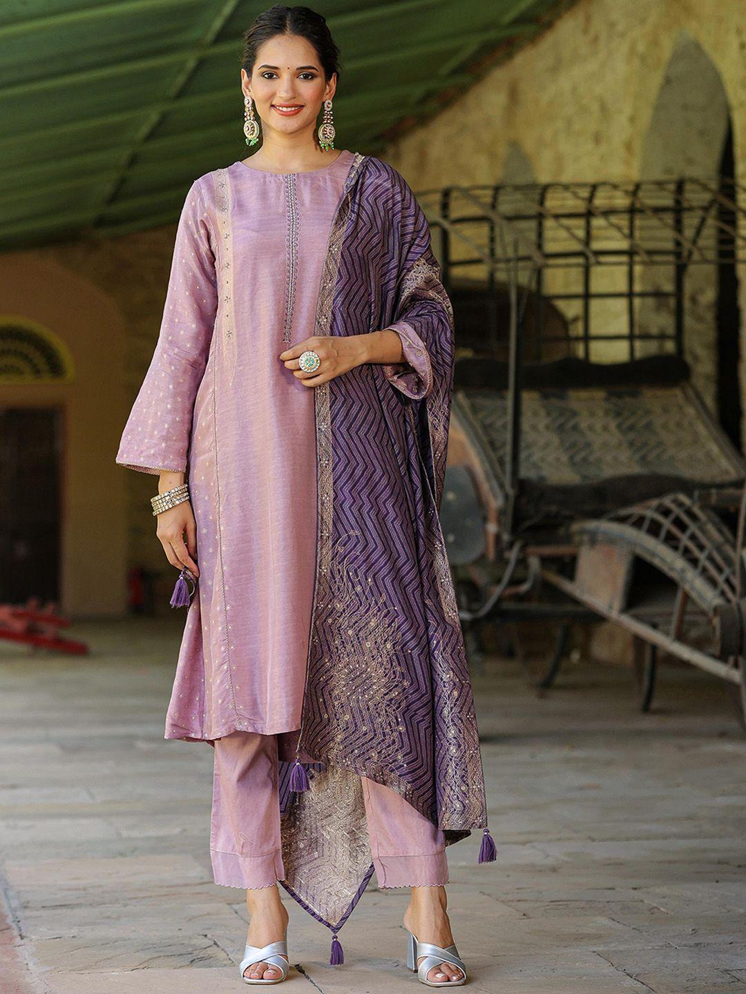 scakhi floral woven design pure silk beads & stones kurta with trousers & dupatta