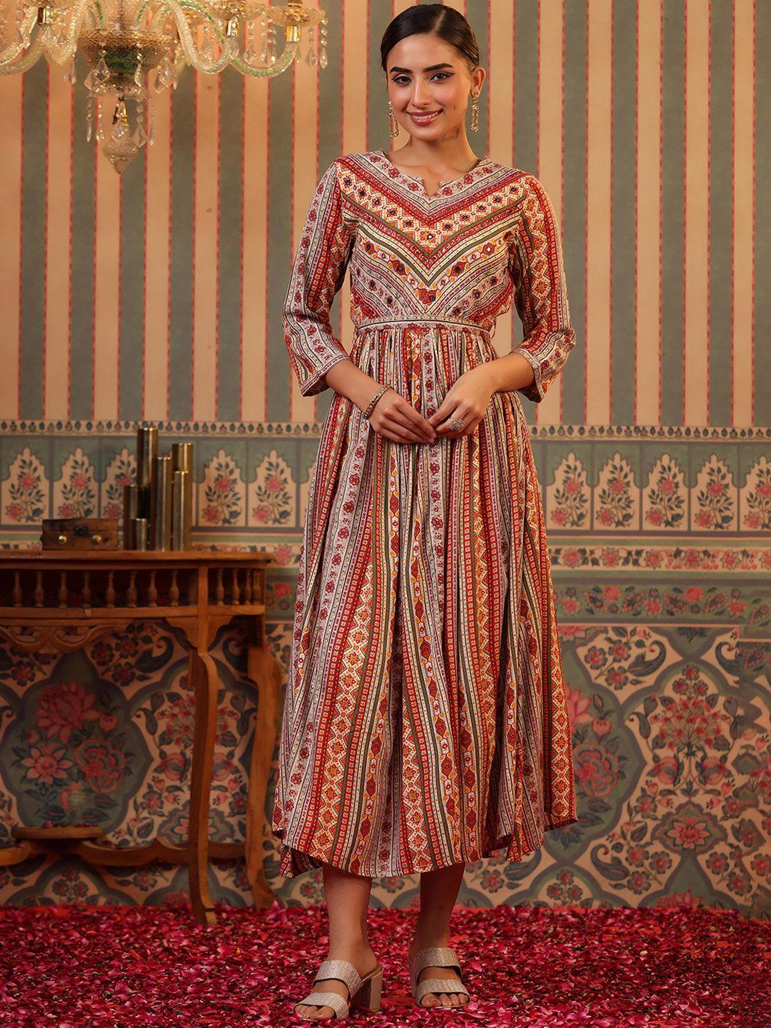 scakhi foil-printed fit & flared ethnic dresses