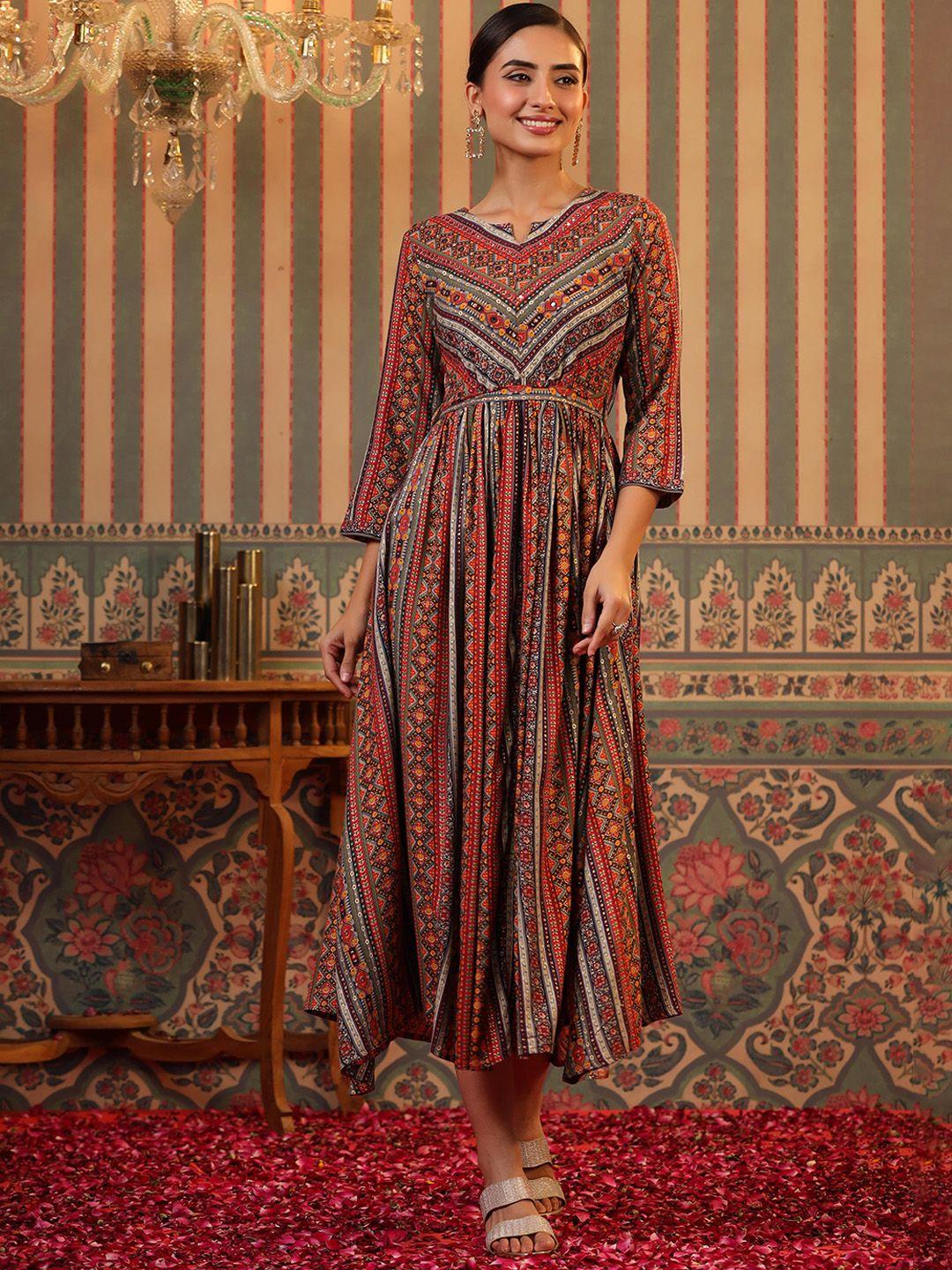 scakhi foil-printed fit & flared ethnic dresses