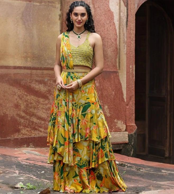 scakhi green chinon silk floral pre draped layered saree with belt and blouse