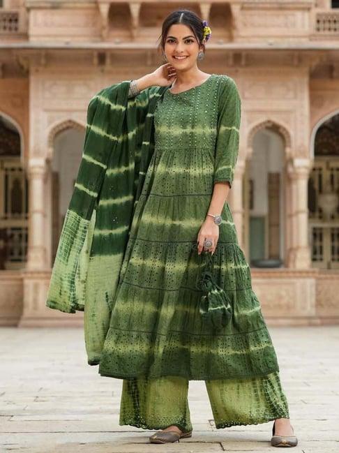scakhi green cotton embroidered kurta palazzo set with dupatta & potli