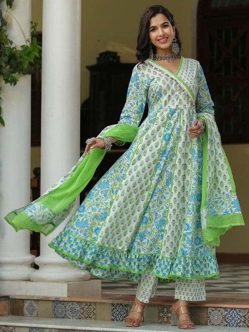 scakhi green cotton floral print kurta pant set with dupatta