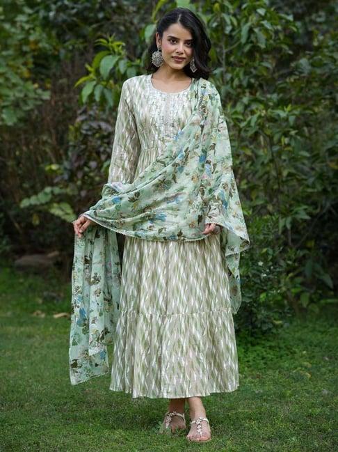 scakhi green cotton printed maxi gown with dupatta