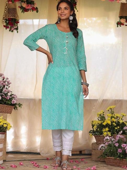 scakhi green cotton striped straight kurta