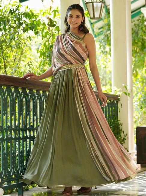 scakhi green embellished maxi gown with belt