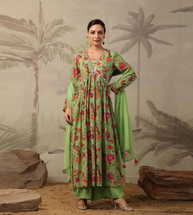 scakhi green muslin silk floral print embellished kurta with pant and dupatta