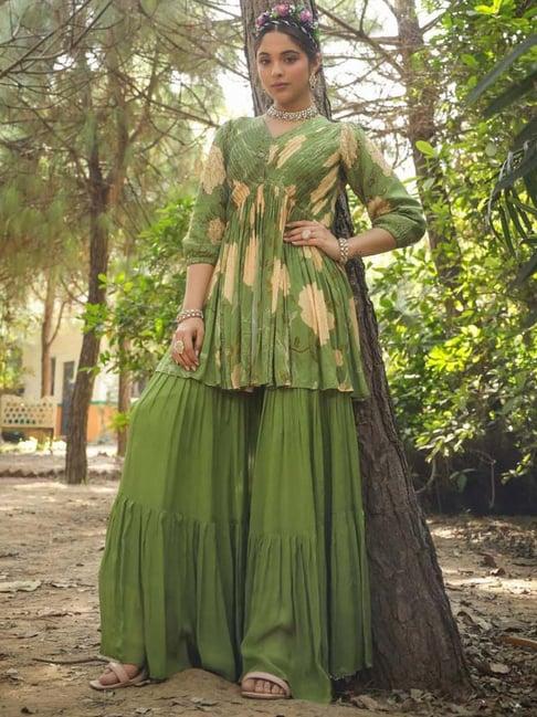 scakhi green printed kurti sharara set