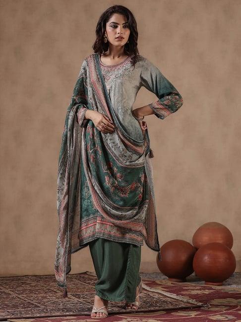 scakhi green silk floral print kurta with palazzo & dupatta