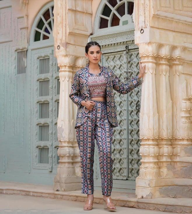 scakhi grey cotton silk ikat hand work top with pant and blazer