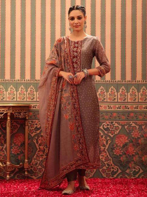 scakhi grey embroidered kurta with pants & dupatta