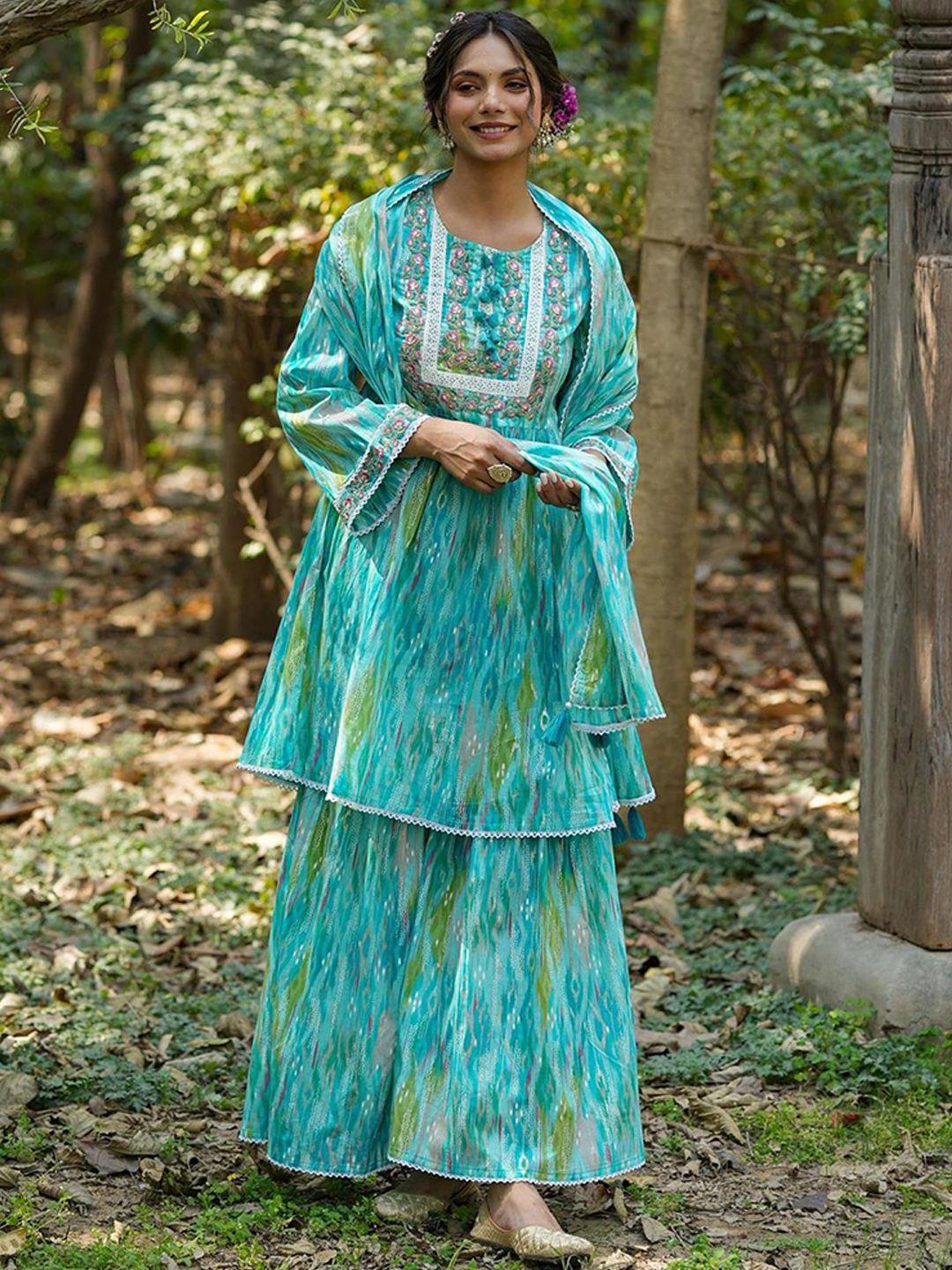 scakhi ikat dyed pleated pure cotton kurti with sharara & dupatta