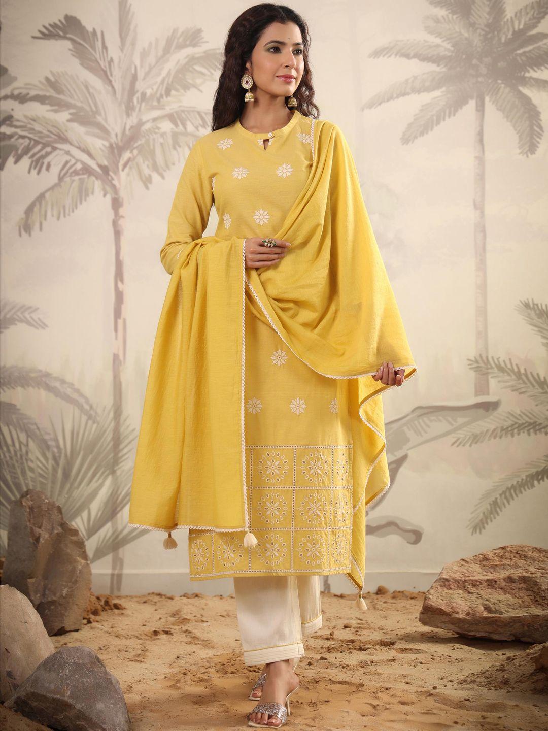 scakhi keyhole neck floral embroidered chikankari kurta with trousers & with dupatta