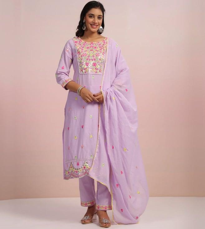 scakhi lavender cotton mirror and sequin embroidered scalloped kurta with pant and dupatta