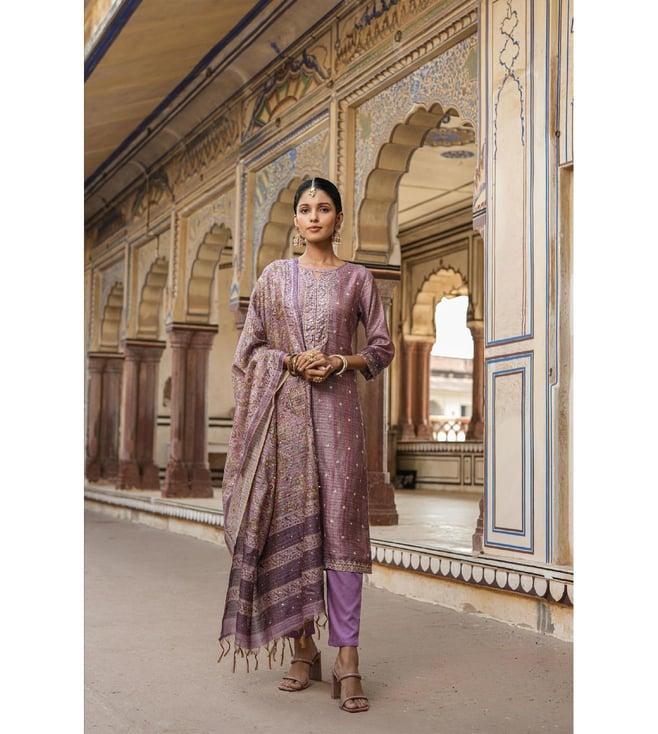 scakhi lavender linen chanderi silk embellished straight kurta and pant with dupatta