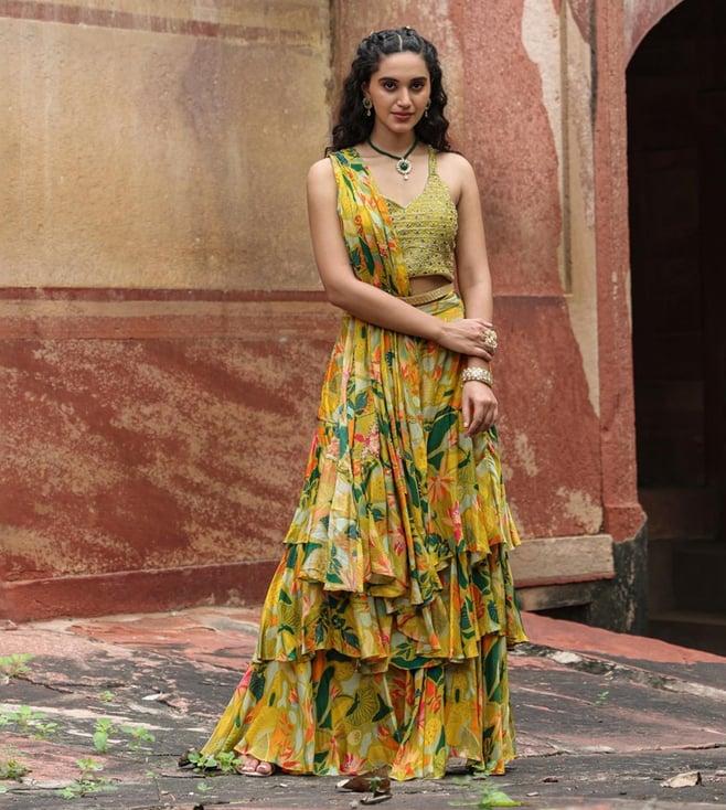 scakhi lemon chinon silk chintz print ready to wear drape saree with belt