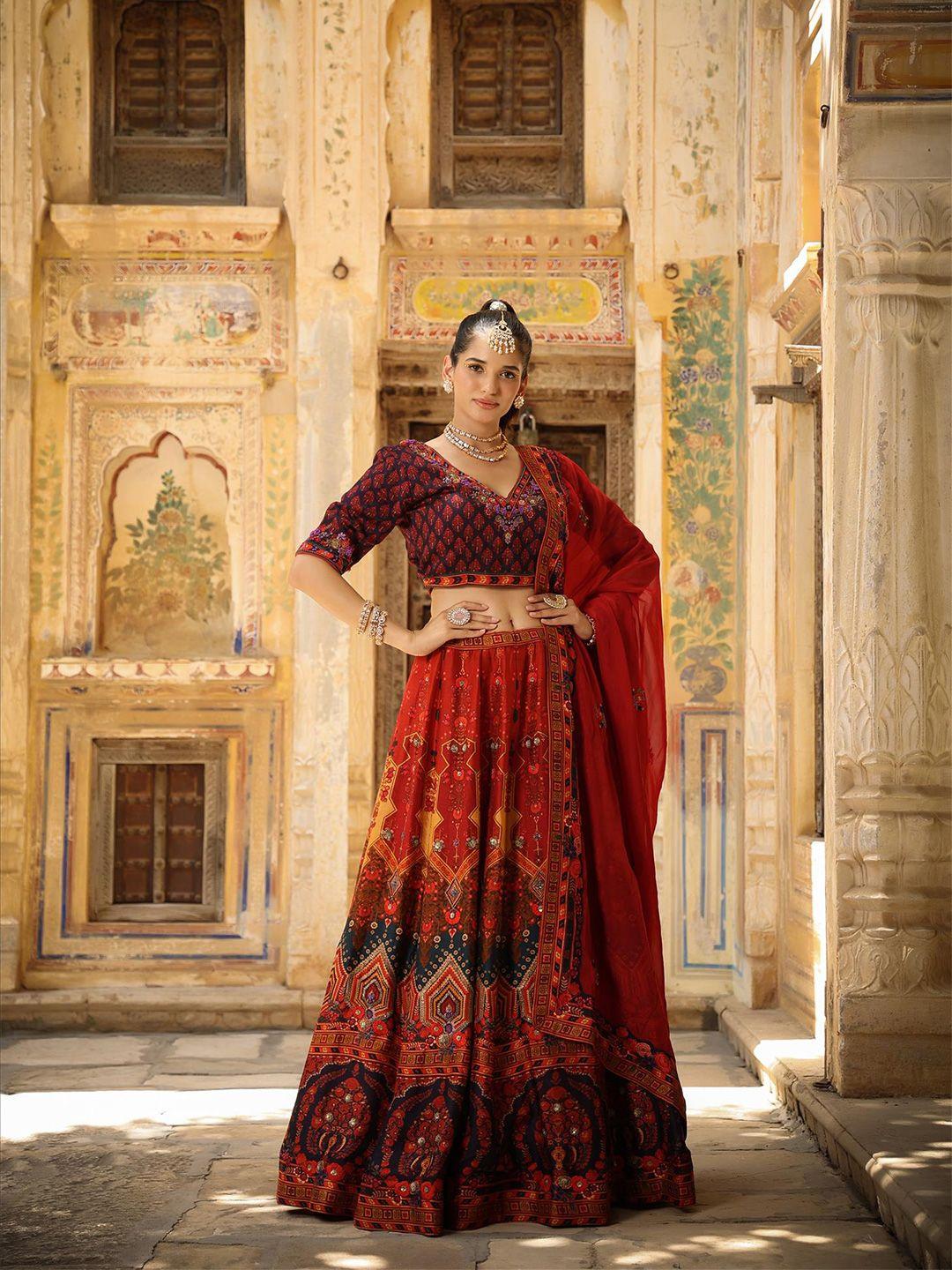 scakhi maroon & blue printed thread work ready to wear lehenga & blouse with dupatta