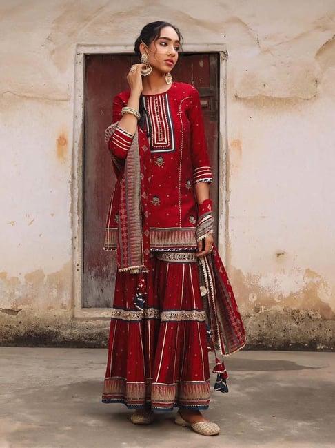 scakhi maroon embellished kurta with sharara & dupatta