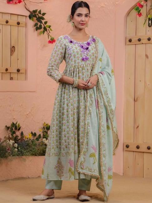 scakhi mint mulmul block printed & embroidered anarkali kurta and pant with dupatta