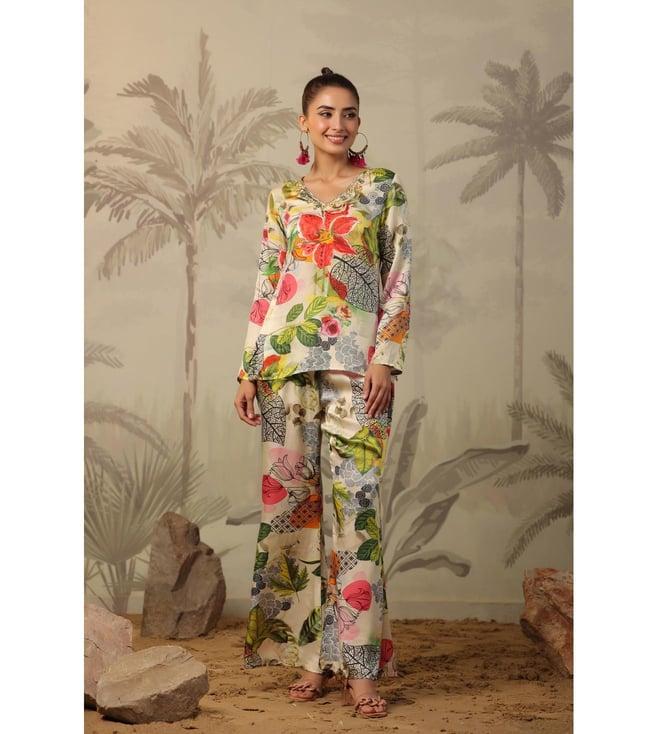 scakhi multi satin floral print embellished top with pant co-ord set