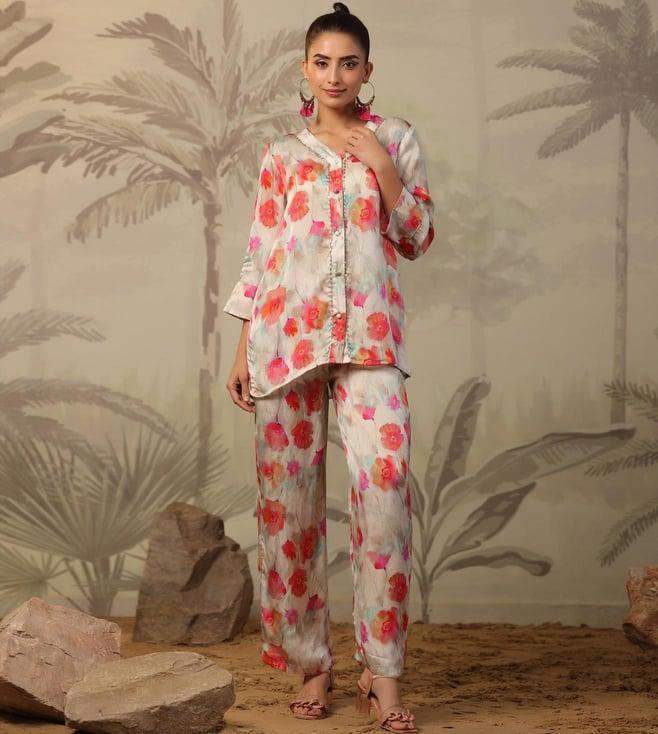 scakhi multi satin floral print top with pant co-ord set