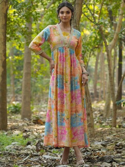 scakhi multicolored cotton floral print empire-line dress