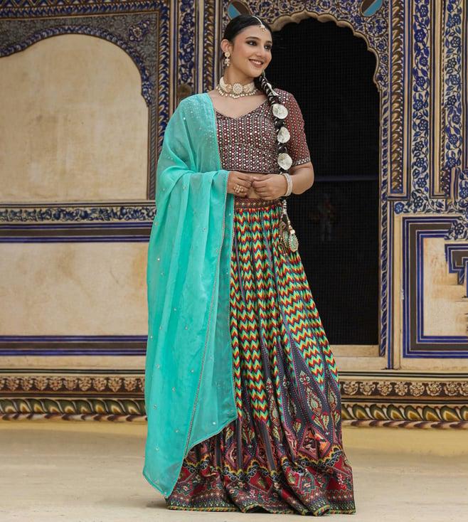 scakhi multicolour satin ajrakh print lehenga with choli and dupatta