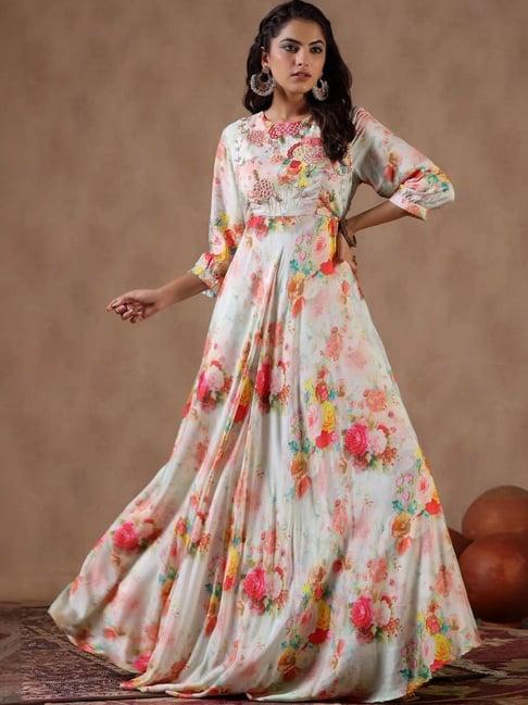 scakhi multicolour satin floral printed flared gown