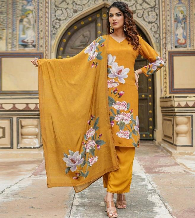 scakhi mustard crepe floral print kurta with pant and dupatta