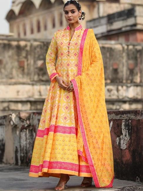 scakhi mustard dola silk printed anarkali dress with dupatta