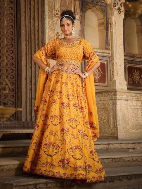 scakhi mustard embroidered silk lehenga choli set with dupatta