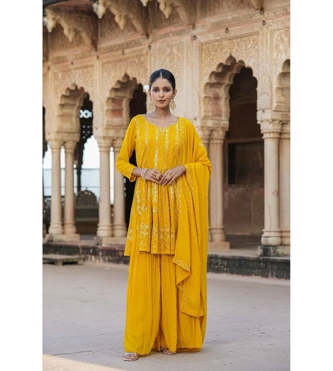 scakhi mustard poly faux georgette sequinned kurti with palazzo and dupatta