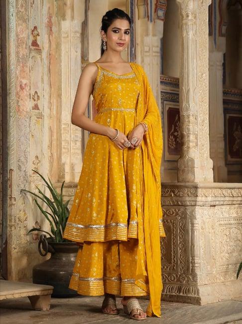 scakhi mustard printed silk kurti sharara set with dupatta