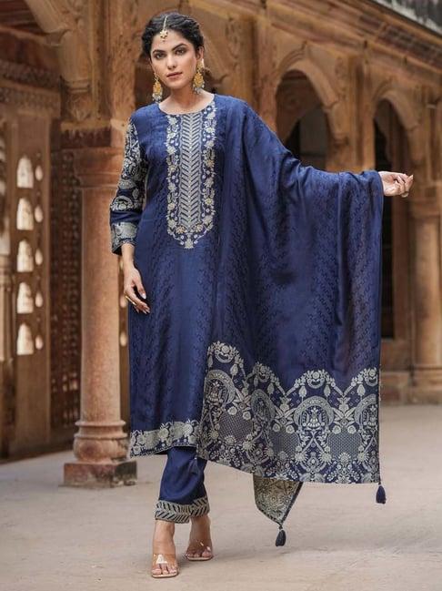 scakhi navy embroidered kurta pant set with dupatta