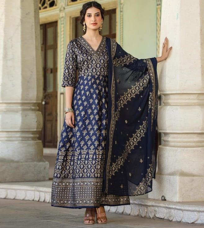 scakhi navy korwaki silk foil print anarkali ethnic dress with dupatta