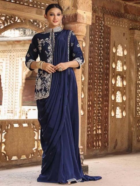 scakhi navy plain ready to wear saree with stitched blouse