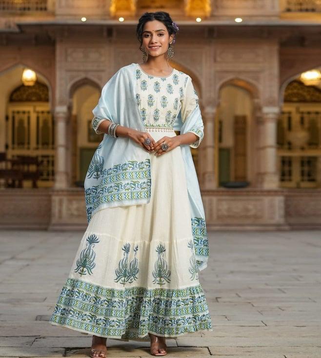 scakhi off white & blue cotton dobby floral print flared anarkali dress with cotton printed dupatta and belt