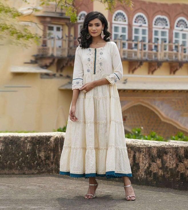 scakhi off white & teal cotton chikankari & schiffli design tiered anarkali kurta