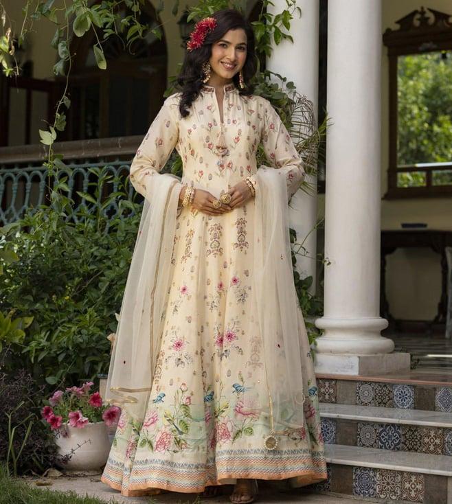 scakhi off white dola silk floral print anarkali gown with net embroidered dupatta