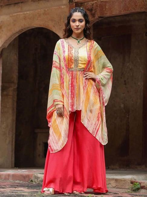 scakhi orange & red printed kaftan palazzo set