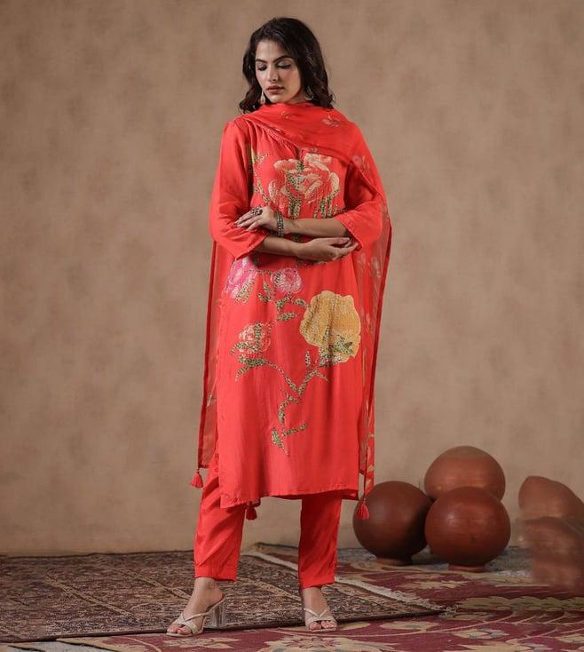 scakhi orange muslin silk floral print sequins embellished kurta with trousers and dupatta