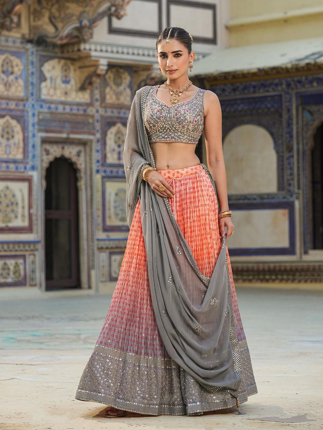 scakhi peach-coloured & grey embroidered sequinned ready to wear lehenga & blouse with dupatta