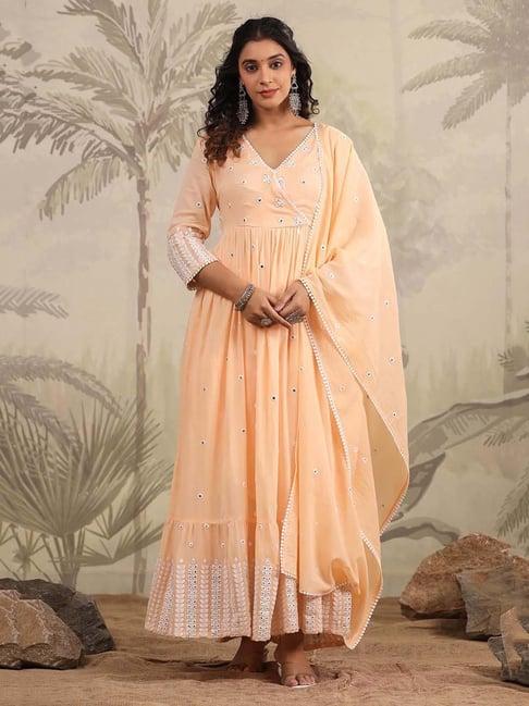 scakhi peach cotton embroidered kurta pant set with dupatta