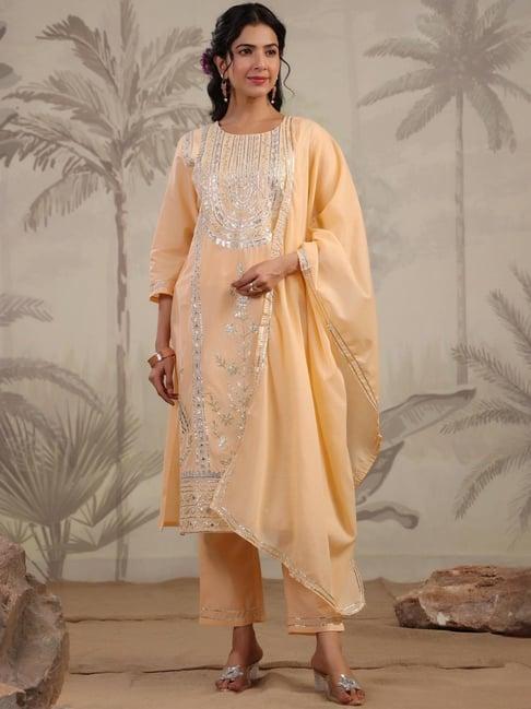 scakhi peach cotton gota & mirror work kurta with pant and dupatta