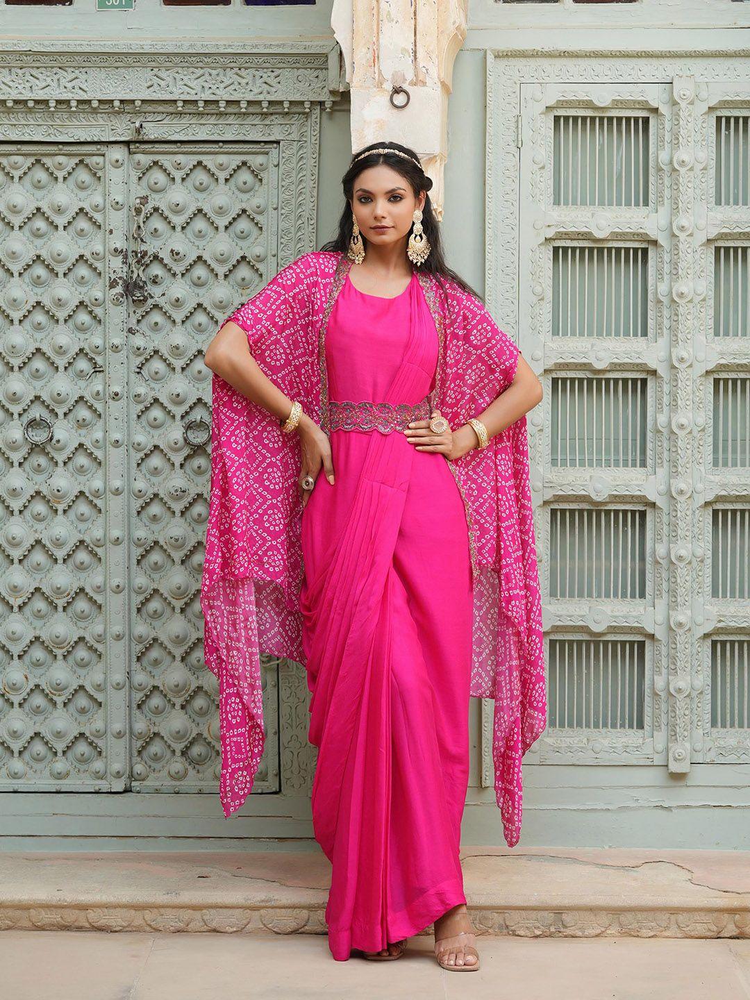 scakhi pink and white leheriya beads and stones embellished ready to wear leheriya saree