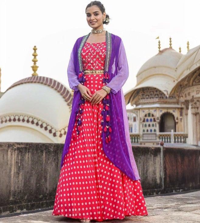 scakhi pink bemberg muslin polka dots lehenga and choli with organza embellished cape